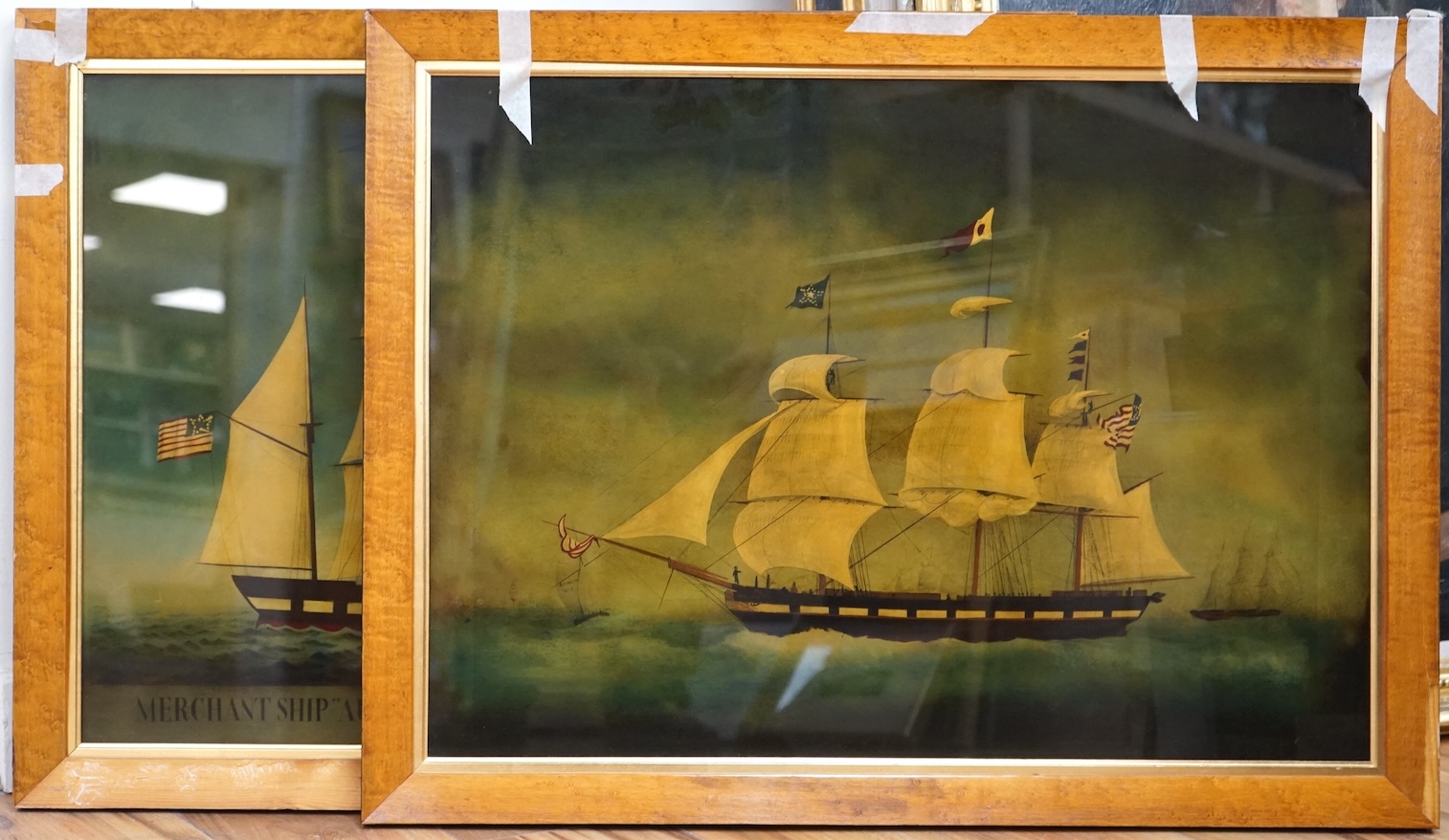 Two reverse glass prints, to include merchant ship Aurora of Boston, Massachusetts, Captain John Adam, 51 x 72cm, each maple framed